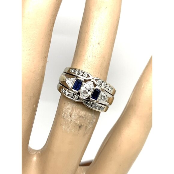 Wedding Set Diamond Blue Sapphire 14K White Gold Engagement Ring Band Size 5.25 - Picture 6 of 12